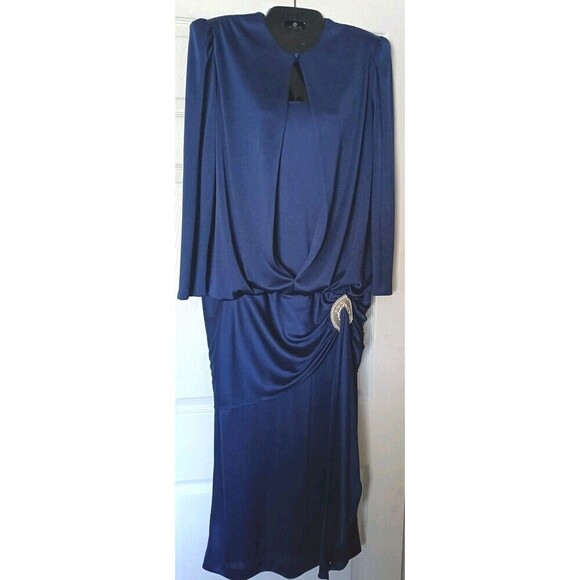JOVANI Vintage Dress Size 10 Navy Blue Long Sleeve Pearl Accent Blanche Dynasty - Picture 1 of 14